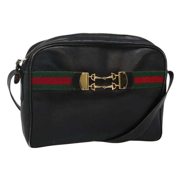 GUCCI Web Sherry Line Shoulder Bag Leather Black Red Green - Picture 1 of 16